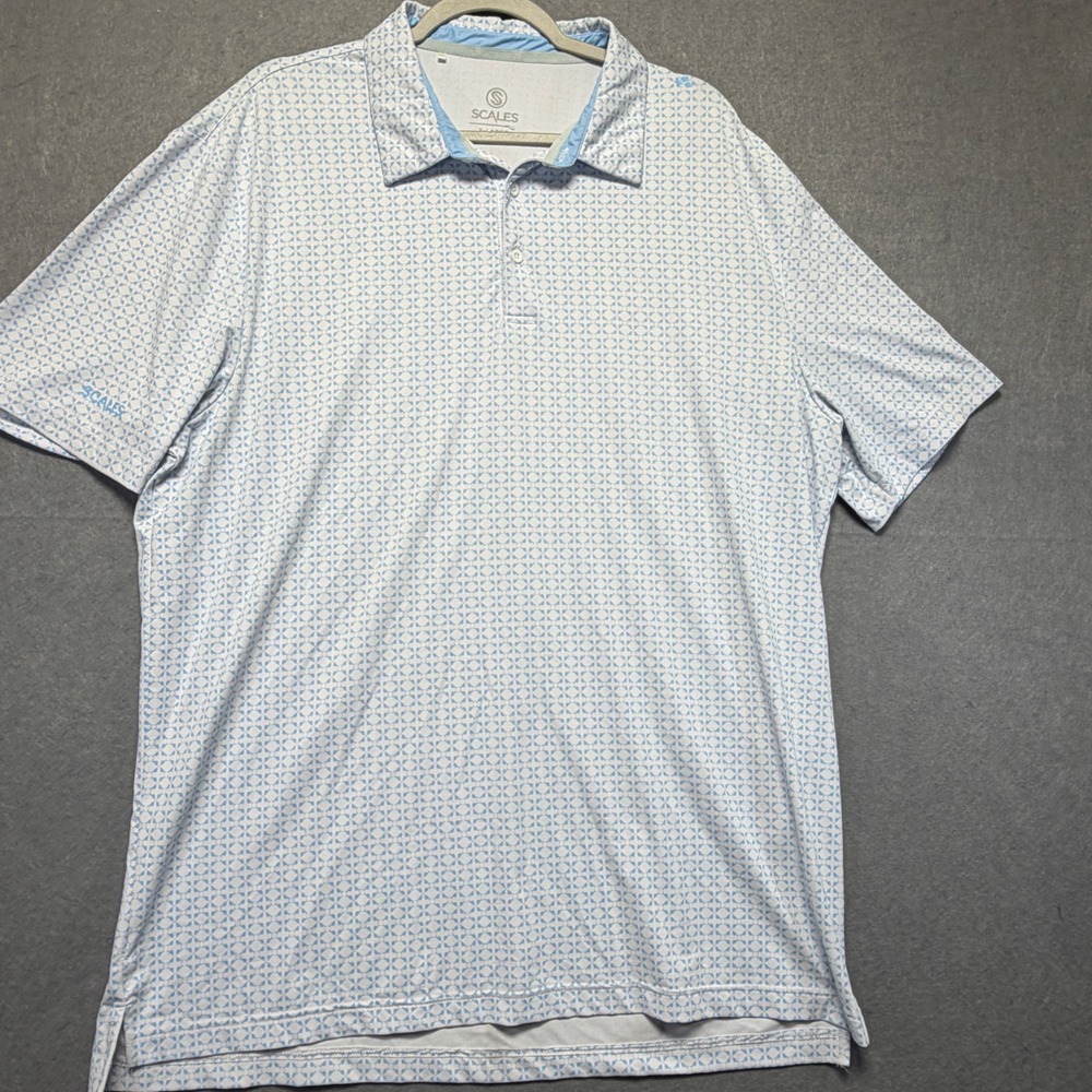 Scales Mens XLGolf Polo Shirt White Blue Geometric Print Short Sleeve‎ Resort